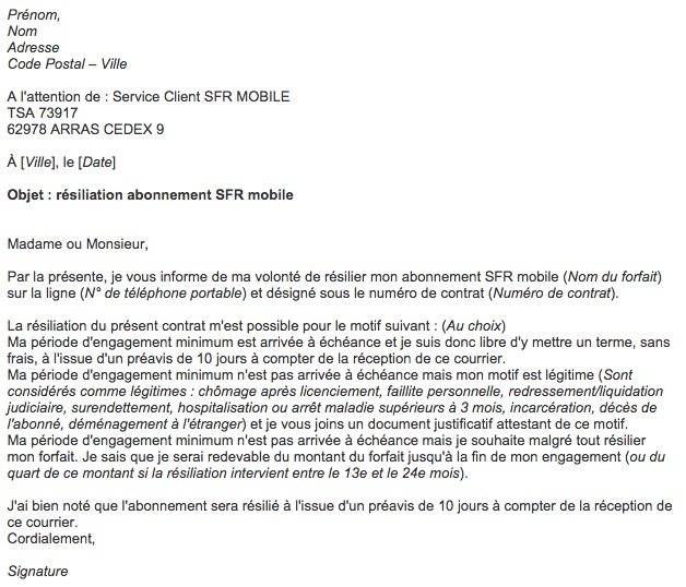 adresse resiliation sfr mobile