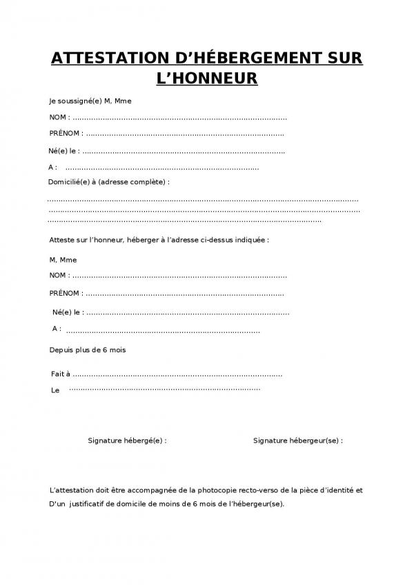 atestation hebergement