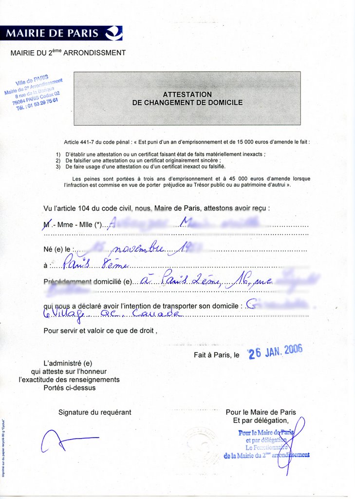 attestation changement adresse