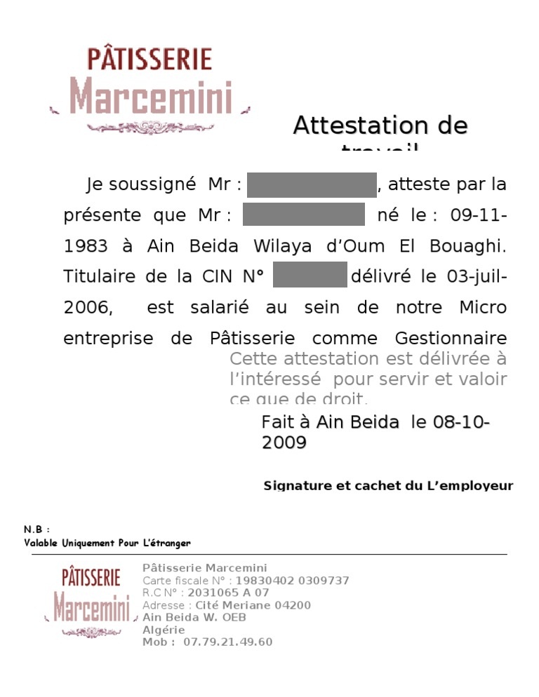 attestation de travail de l'employeur