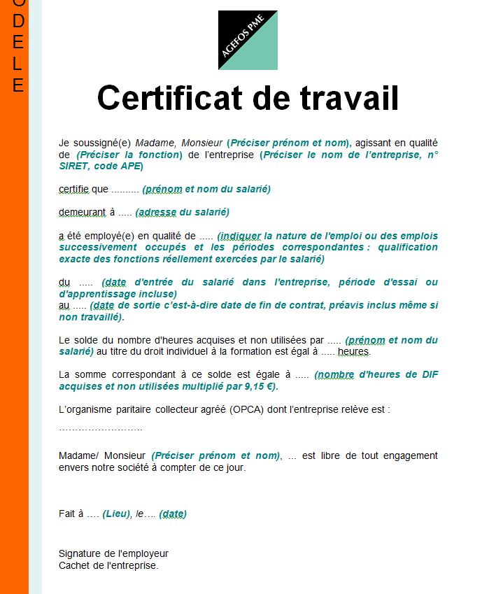 attestation de travail exemplaire