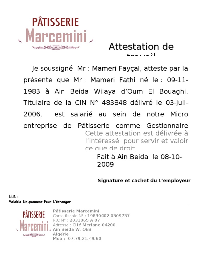 attestation de travail exemplaire