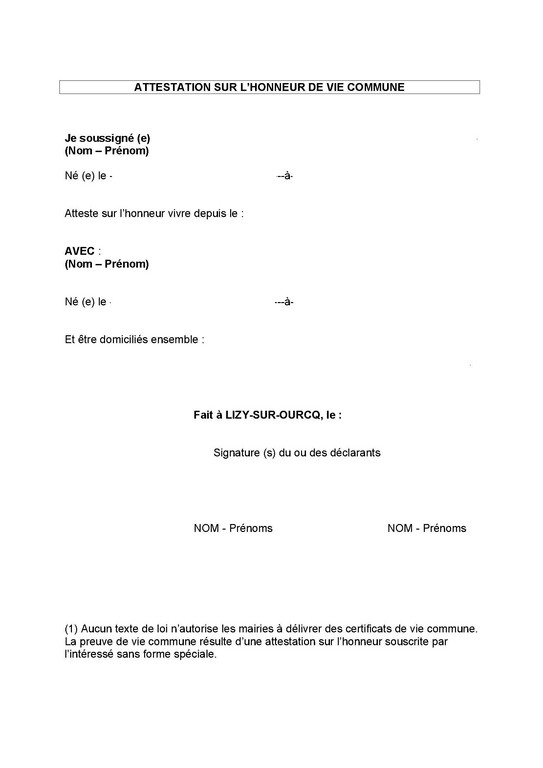attestation sur l'honneur de concubinage modele