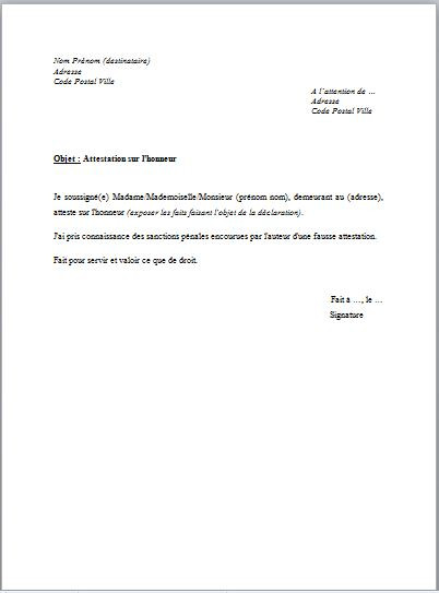 attestation sur l'honneur hebergement parents