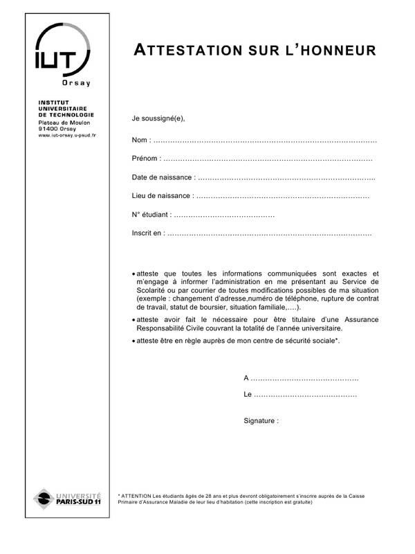 attestation sur l'honneur hebergement