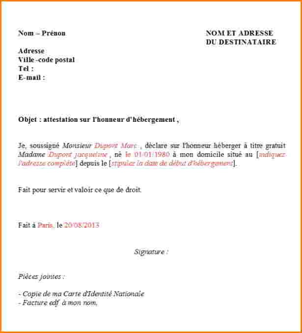 attestation sur l'honneur logement a titre gratuit