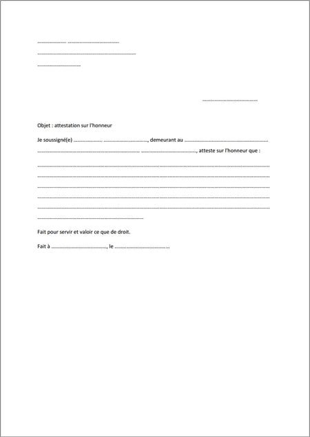 attestation sur l'honneur modele gratuit