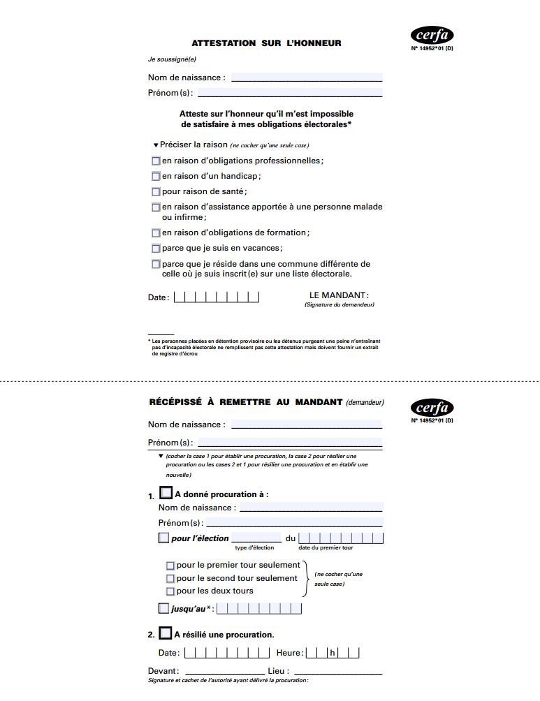 attestation sur l'honneur pour procuration