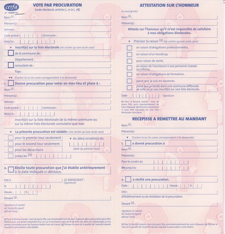 attestation sur l'honneur pour procuration
