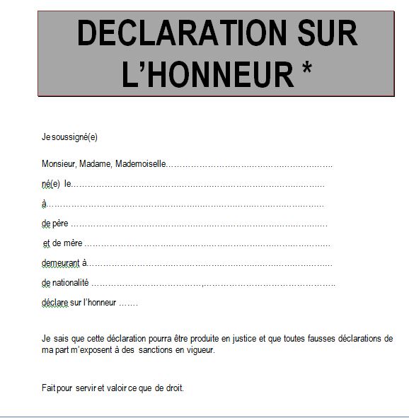 attestation sur l honneur word