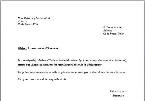 attestation type sur l'honneur