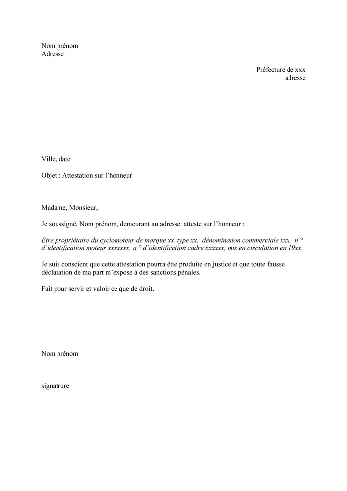 attestation type sur l'honneur