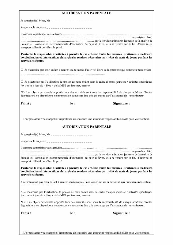 autorisation parentale de sortie