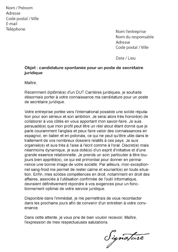 candidature spontanee secretaire juridique