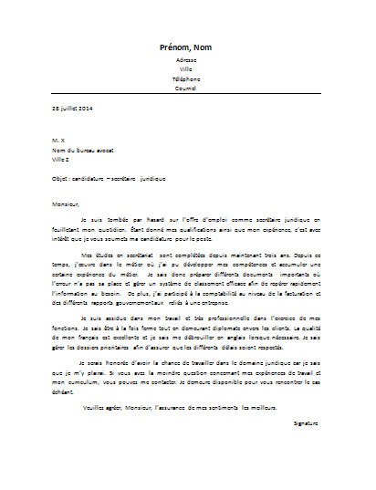 candidature spontanee secretaire juridique