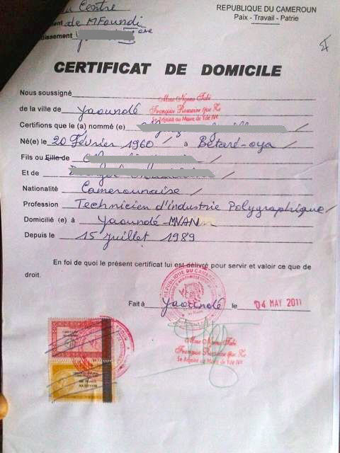 certificat de residence exemple