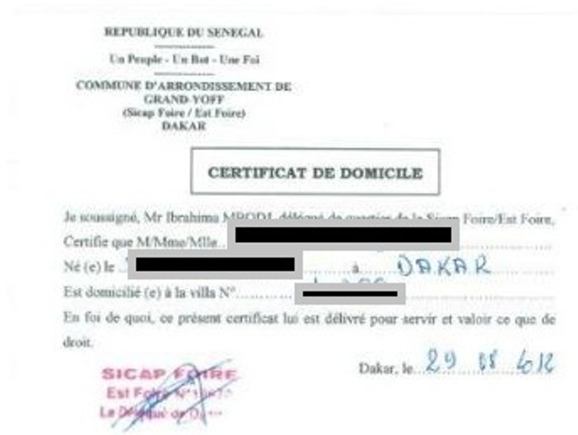 certificat de residence exemple