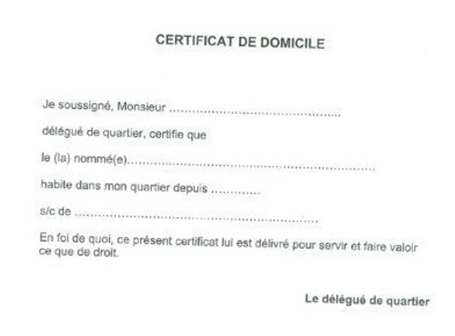 certificat de residence exemple