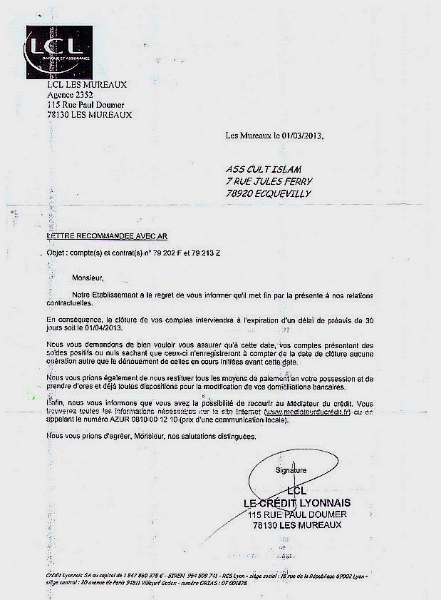 cloture d'un compte bancaire lettre