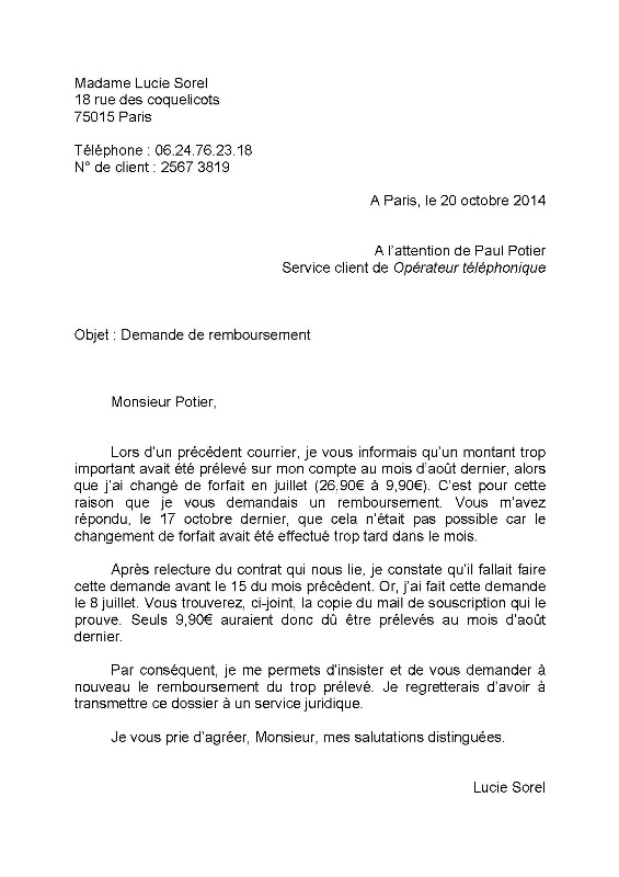 comment ecrire une lettre de remboursement