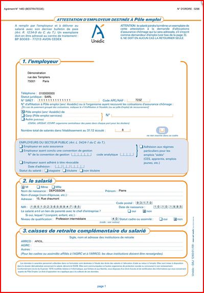 comment obtenir une attestation d'employeur destinee a pole emploi