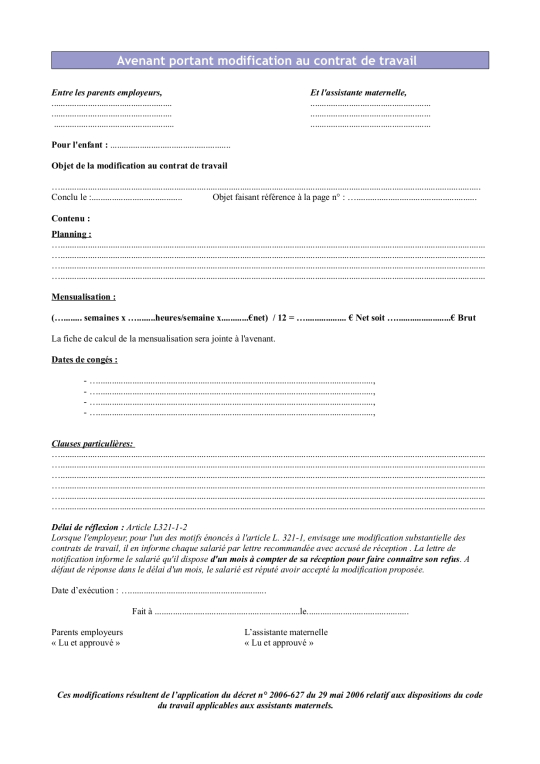 contrat de travail nourrice agree a imprimer