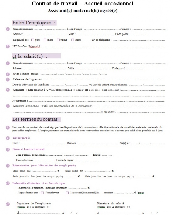 contrat de travail nourrice agree a imprimer