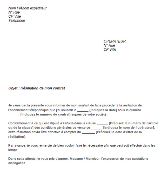 contrat telephonique resiliation