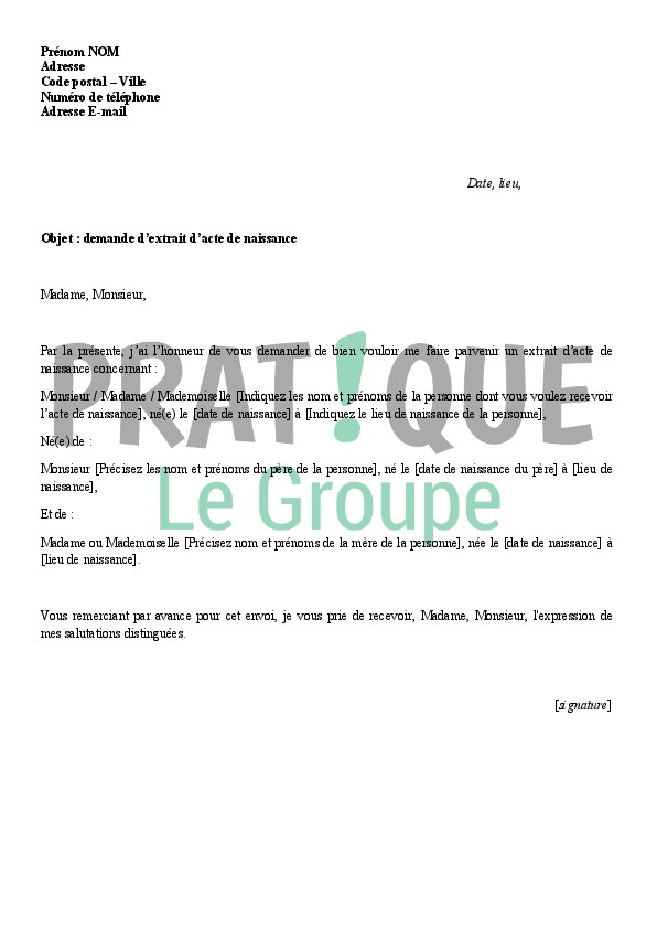 courrier acte de naissance