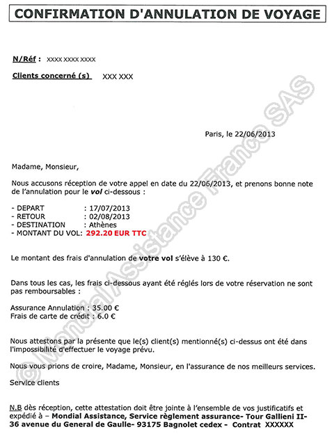 courrier annulation reservation