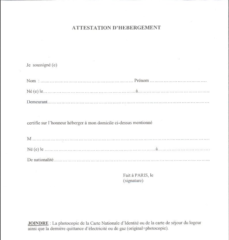 courrier attestation hebergement
