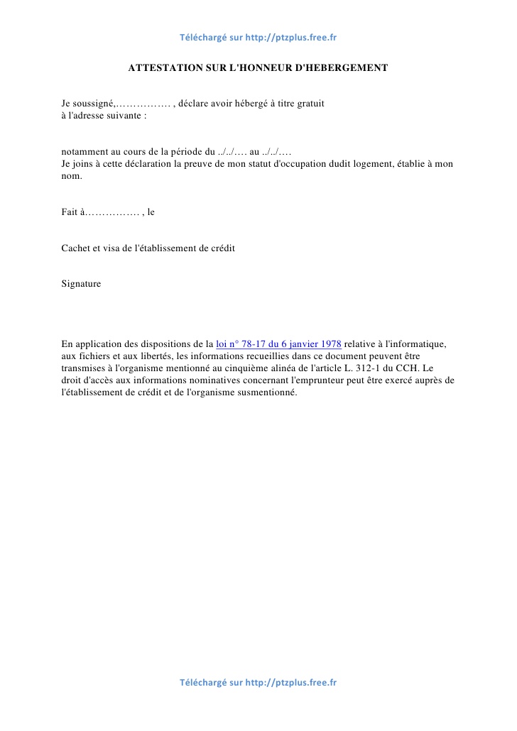 courrier attestation hebergement