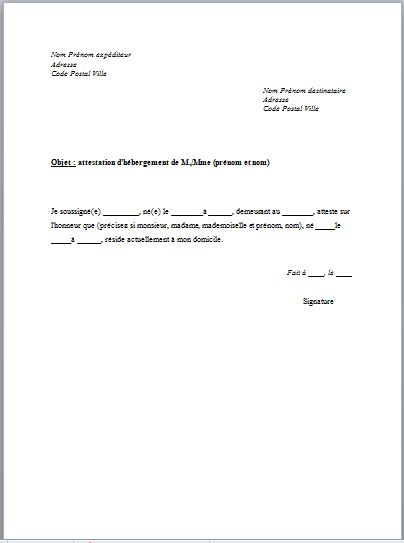 courrier attestation hebergement