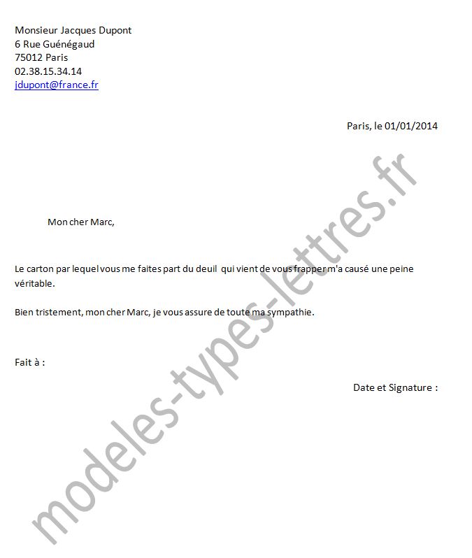 courrier condoleances lettre type