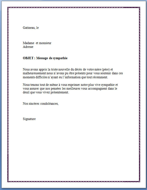 courrier condoleances lettre type