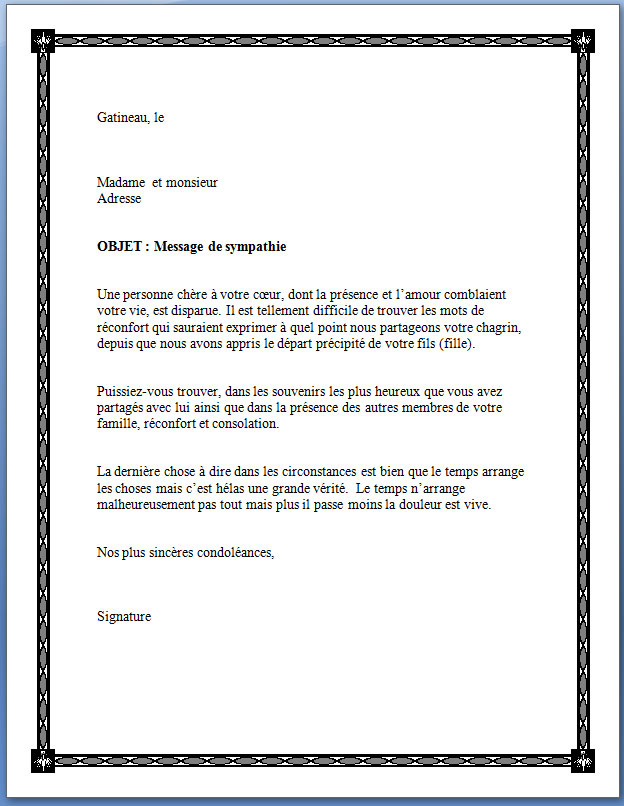 courrier condoleances lettre type