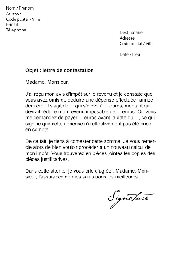 courrier contestation impot revenu