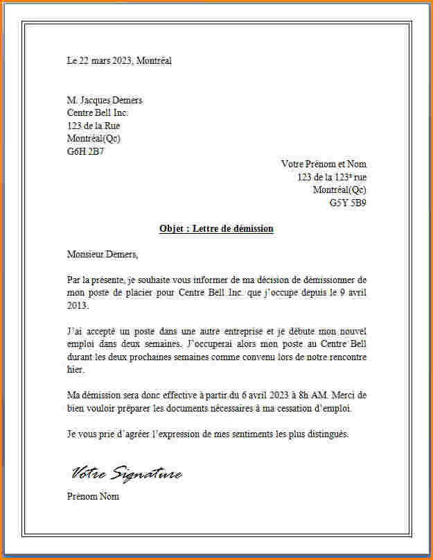 courrier de demission type