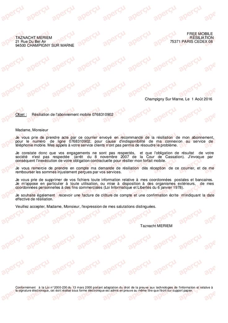 courrier de resiliation orange mobile