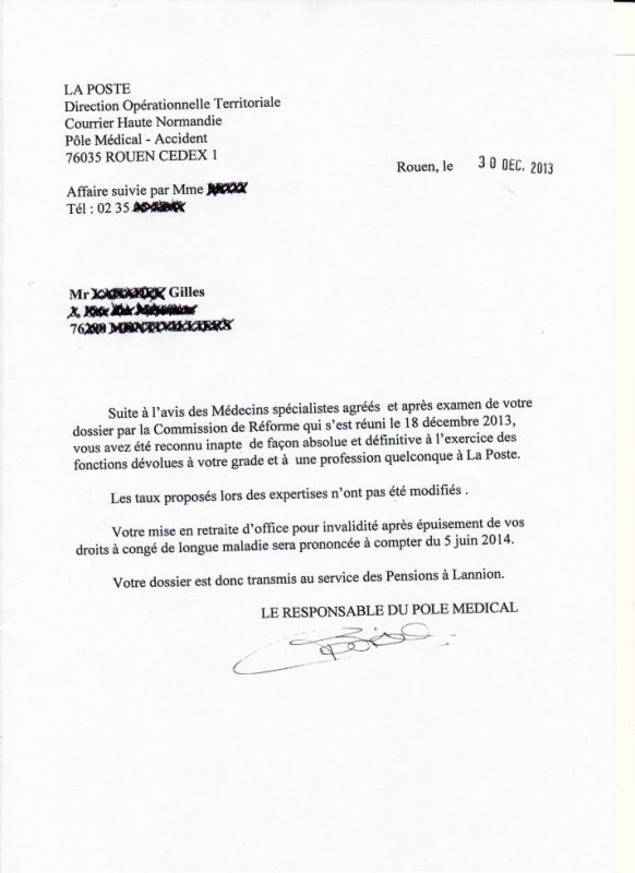 courrier licenciement inaptitude