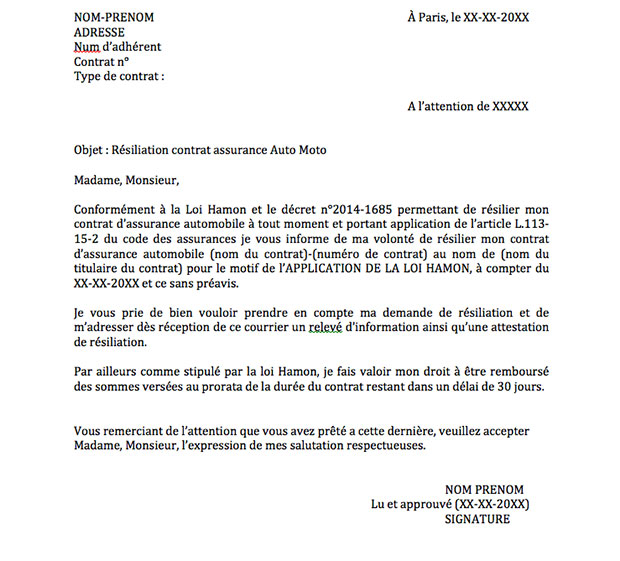 courrier pour annuler une assurance