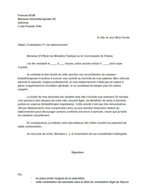 courrier pour contester un pv