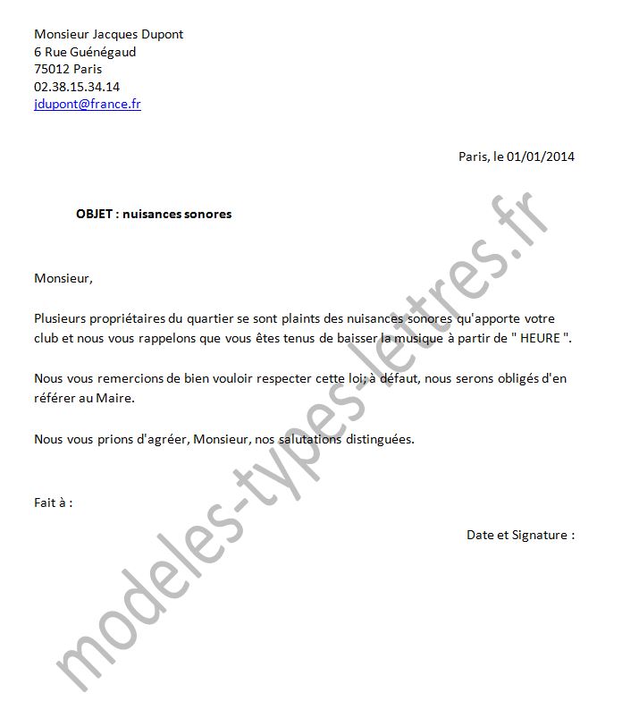 courrier pour nuisance voisinage
