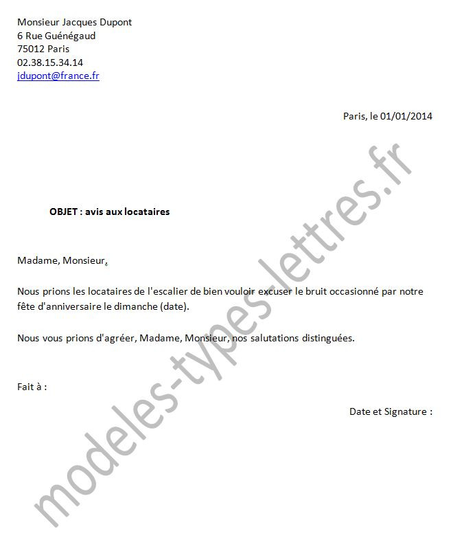 courrier pour nuisance voisinage