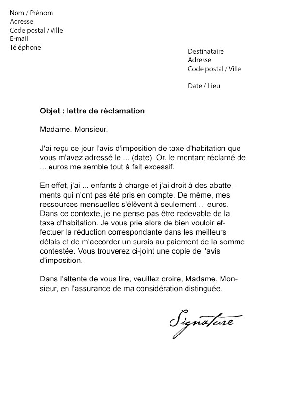 courrier reclamation impot revenu