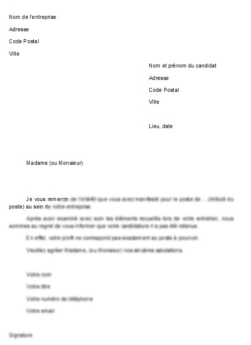 courrier refus candidature