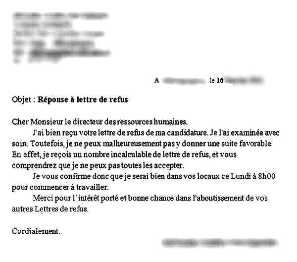 courrier refus candidature