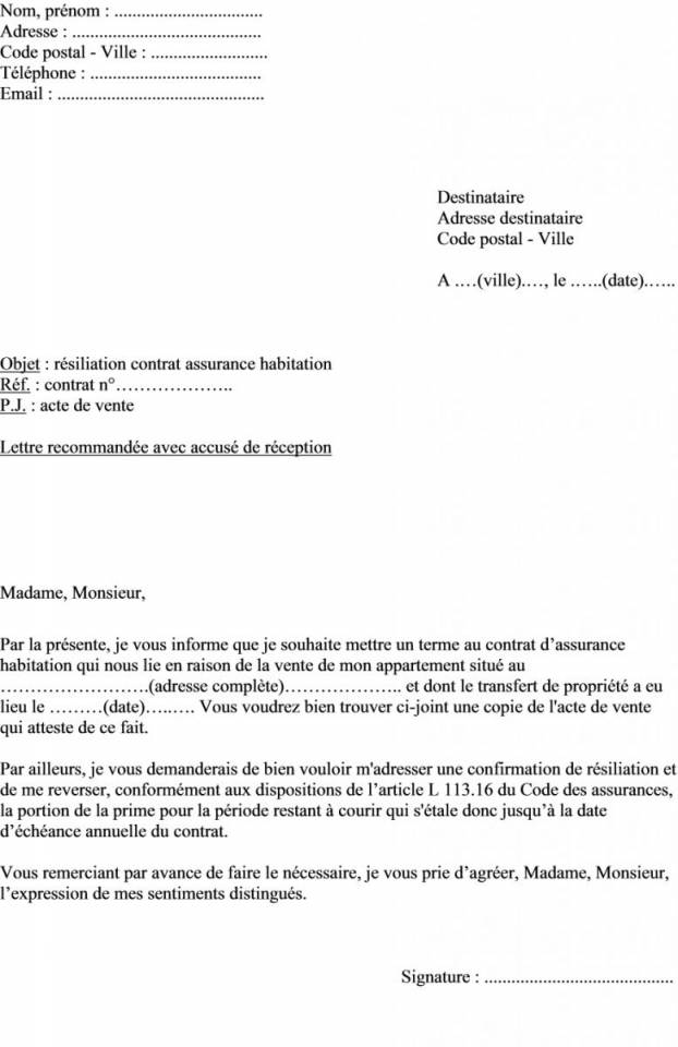courrier resiliation contrat assurance habitation