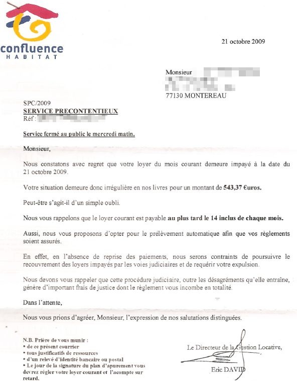 courrier retard de loyer