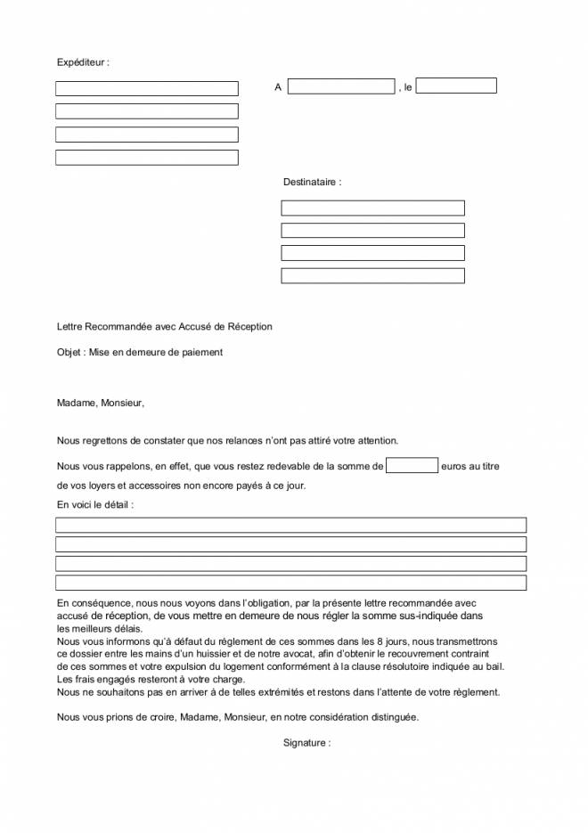 courrier retard de loyer